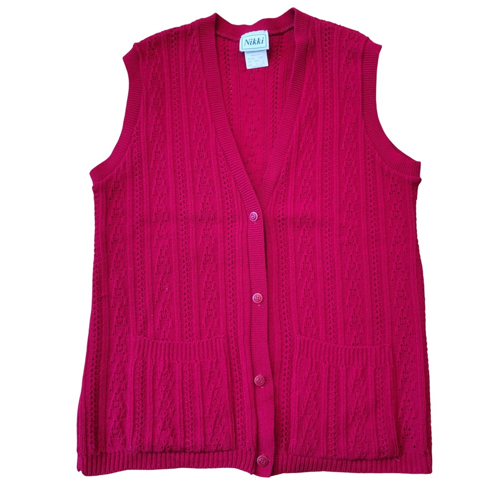 Nikki L Sweater Vest Red Pointelle Knit Button Front Pockets USA Academia Granny